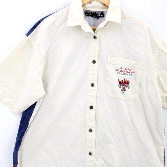 Vintage NY Line Shirt Mens Beige Short Sleeve Button Down Collared Cotton Small - Picture 4 of 9